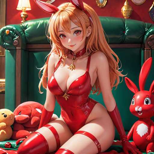 A woman is depicted wearing a red bodysuit and red boots with a gold necklace around her neck. She has blonde hair styled in loose waves and is seated on a green couch next to two stuffed animals - one red bunny and one yellow bird. The background features a green armchair, suggesting an indoor setting such as a living room or bedroom.