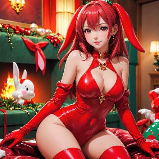A woman is depicted wearing a red outfit and high heels, sitting on a bed with her legs crossed. She has long hair and is looking directly at the camera. The room around her features Christmas decorations, including a green fireplace and a white bunny stuffed animal.