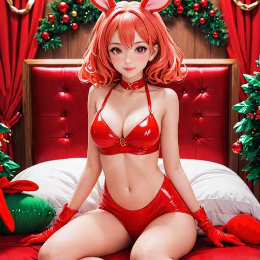 A woman with red hair and a red top is seated on a bed wearing red gloves and boots. The room has a red curtain and green plants behind her.