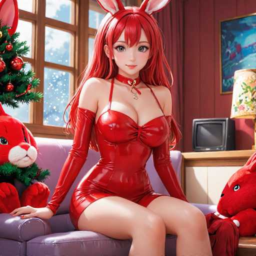 A woman with red hair and a red dress is sitting on a purple couch next to two stuffed animals - one red bunny and one green rabbit. The room has a window that lets in natural light, creating a warm and inviting atmosphere.