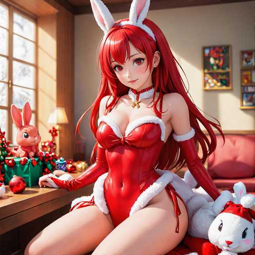 The image depicts a detailed, AI-generated anime-style girl with long, flowing red hair and matching red eyes. She is dressed in a festive Santa Claus outfit, complete with a red bodysuit trimmed with white fur, and red gloves that extend up to her biceps. Around her neck is a red collar adorned with a gold bell. Her ensemble is complemented by white bunny ears perched atop her head. The girl is seated on a bed with a red headboard, positioned in front of a wooden desk. On the desk, there is a green box with a red rabbit sitting on top, surrounded by Christmas ornaments and wrapped presents. The background features a window with a wooden frame, and the walls are painted white. To her right, a large white stuffed bunny adds to the whimsical holiday scene.