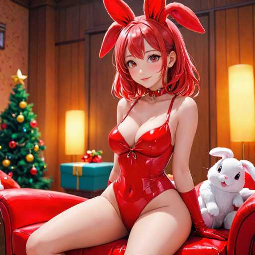 A woman is seated on a red couch with her legs crossed and wearing a red outfit that includes a top hat and gloves. Next to the couch is a white stuffed rabbit. The background features a Christmas tree decorated with ornaments and lights.