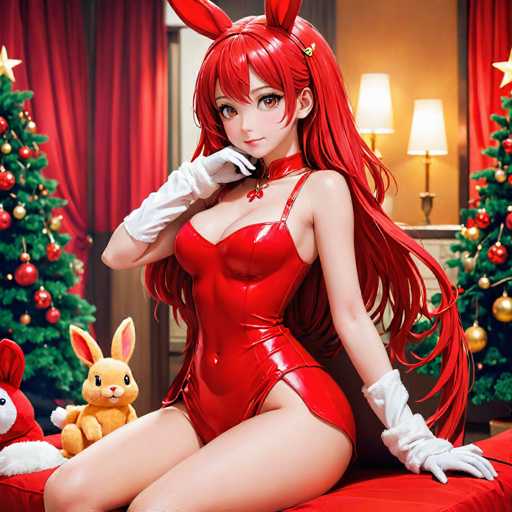 In this captivating image, a young woman is dressed in a striking red leather bodysuit, accentuated by long white gloves that extend past her elbows. Her ensemble is complemented by a red collar adorned with a small red bow tie, adding a touch of elegance to her bold attire. She has long, flowing red hair that cascades down her back, and a pair of red bunny ears perched atop her head, enhancing her playful yet alluring appearance. Her large, expressive brown eyes and a subtle smile directed at the camera exude confidence and warmth.

The setting is a cozy living room, where she is seated on a plush red couch. To her left, a small brown stuffed bunny sits beside her, adding a whimsical touch to the scene. The background features two Christmas trees, one on each side of the image, adorned with red and gold ornaments and topped with gleaming gold stars. The room is further decorated with red curtains and two lamps with white shades, casting a soft glow over the festive atmosphere. The overall composition captures a moment of festive charm and playful elegance.
