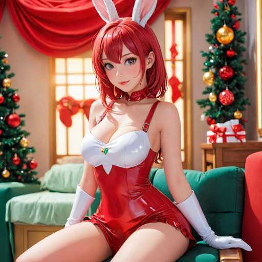 A woman dressed as a bunny is seated on a green couch with red and gold ornaments around her. She wears a red and white outfit that includes a bow on her head. The background features a Christmas tree decorated with red and gold ornaments.