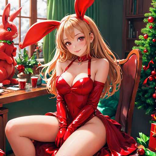 In this captivating image, we see a striking anime-style character with long, flowing blonde hair adorned with a pair of vibrant red bunny ears. She is dressed in a provocative red leather corset that accentuates her large bust, paired with matching red leather gloves that extend up to her biceps. Her attire is completed by a short skirt, revealing her bare legs. The character is seated on a wooden chair, positioned in front of a festive Christmas tree adorned with red ornaments and surrounded by wrapped presents. To her left, a table holds a couple of glasses filled with a red liquid, possibly wine, and a charming red stuffed bunny toy. The scene is set against a backdrop of a window with green curtains, through which snowflakes are gently falling, adding a touch of winter magic to the cozy indoor setting.