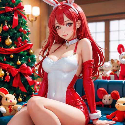 In this captivating image, a young woman with striking red hair and matching red eyes is seated on a blue couch, exuding confidence and allure. She is dressed in a revealing white bodysuit that accentuates her figure, paired with long red gloves that extend up to her biceps. A delicate white collar adorns her neck, adding a touch of elegance to her ensemble. Her long red hair cascades down, complementing her vibrant red eyes and the whimsical white bunny ears perched atop her head. 

The setting around her is festive, with a Christmas tree adorned with red ribbons and gold ornaments standing to her left. The tree is topped with a large red bow, adding to the holiday cheer. Surrounding her on the couch are several stuffed bunnies, each donning red bows, enhancing the playful and seasonal atmosphere. The woman's pose is both inviting and alluring, with her legs crossed and her body angled towards the right, while her head is turned to gaze directly at the camera, creating a sense of connection with the viewer.