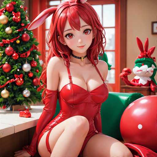 The image depicts a woman wearing a red dress and high heels sitting on the floor next to a Christmas tree with ornaments. The background features a window and a stuffed animal rabbit.