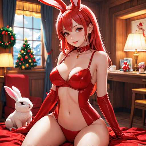 In this captivating image, a woman is dressed in a striking red leather outfit that accentuates her figure. She wears a matching red leather bra and panties, complemented by long red gloves that extend up to her biceps. Her ensemble is completed with a red leather choker adorned with a gold pendant. Her vibrant red hair cascades down, and she sports matching red bunny ears. Her eyes are a mesmerizing shade of red, adding to her overall allure.

The woman is seated on a bed draped with a red blanket, and beside her is a white stuffed bunny with red-painted nails. The background reveals a cozy room with a wooden desk, a chair, and a festive Christmas tree adorned with red and yellow ornaments. A wreath hangs on the wall, and a window offers a view of a serene blue sky. The room is warmly lit by a lamp, and a picture frame hangs on the wall, adding a personal touch to the scene.