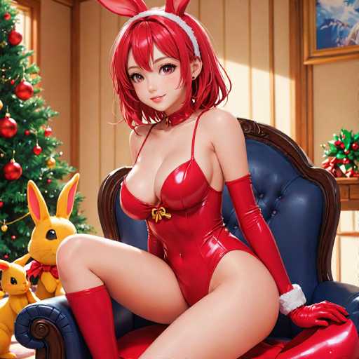 In this vibrant and festive scene, a young woman with striking red hair and matching red eyes sits confidently on a blue chair with a wooden frame. She is adorned in a revealing red leather bodysuit that accentuates her figure, complemented by red gloves that extend up to her biceps and red boots that reach her knees. Her ensemble is completed with a red headband featuring white fur trim, and she sports a subtle, playful smile. 

To her left, a large yellow stuffed rabbit with a red bow tie adds a whimsical touch to the setting. Behind her, a beautifully decorated Christmas tree stands tall, adorned with red ornaments, gold balls, and twinkling lights. The tree's lush green branches are visible, adding to the holiday atmosphere. 

In the background, a window allows natural light to filter into the room, illuminating a painting on the wall. The painting depicts a serene blue sky with white clouds and a figure standing in the foreground, adding an artistic element to the cozy and festive environment.