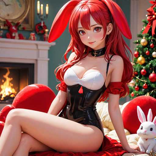 In this detailed image, we see a striking anime-style character with long, flowing red hair and matching red eyes. She is adorned with large, floppy bunny ears that add a whimsical touch to her appearance. The character is dressed in a revealing outfit that includes a white bra and a black corset, complemented by red sleeves that extend from her elbows to her shoulders. Around her neck, she wears a black choker, adding to her allure.

The setting is a cozy living room, where the character is seated on a bed. To her right, there is a white stuffed bunny with pink ears and a pink nose, adding a touch of charm to the scene. Behind her, a beautifully decorated Christmas tree stands, adorned with red and gold ornaments and topped with a large red bow. The tree is set against a backdrop of a green wall, enhancing the festive atmosphere.

To the left of the character, a white fireplace is visible, with a burning fire casting a warm glow. Above the fireplace hangs a gold-framed picture, and a candelabra with three lit candles sits on the mantel, adding to the room's cozy ambiance. The overall scene is a harmonious blend of holiday cheer and anime elegance.