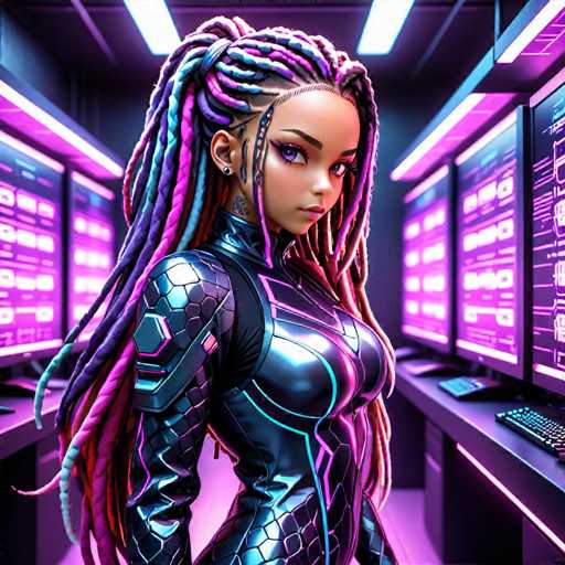 The image depicts a highly detailed, computer-generated scene of a young woman standing in a futuristic, high-tech environment. She is positioned in the center of the frame, facing slightly to the right, with her body turned towards the viewer. Her long, multicolored dreadlocks cascade down her back, featuring shades of purple, blue, pink, and red. She has a dark complexion, large purple eyes, and is adorned with a small earring and a tattoo on the back of her neck.

The woman is dressed in a sleek, black leather bodysuit that extends from her neck to her thighs, with a distinctive purple stripe running down the center. The suit is form-fitting, accentuating her figure, and has a scaly texture on the shoulders and forearms. Her expression is serious, and she gazes directly at the viewer.

The setting around her is a room filled with numerous computer monitors and screens, all illuminated with a purple glow. The monitors are arranged on both sides of her, creating a symmetrical layout that emphasizes the high-tech atmosphere. The floor beneath her is also bathed in purple light, adding to the overall futuristic ambiance of the scene.