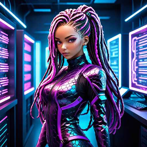 The image depicts a highly detailed, computer-generated scene of a young woman standing in a futuristic, high-tech environment. She is wearing a form-fitting, metallic purple bodysuit adorned with a honeycomb pattern and a prominent black zipper running down the front. The suit features purple straps that crisscross over her chest and shoulders, adding to its intricate design. Her long, braided hair, which is a mix of black and purple, cascades down her back, with some braids tied up in a ponytail. She has striking blue eyes, brown eyebrows, and a few freckles on her face, and she is wearing earrings. The woman is looking directly at the viewer with a serious expression.

The background is filled with advanced technology, including large computer screens and servers that emit a mix of purple and blue light. To her right, there is a desk with a keyboard and a large screen displaying a diagram. The setting is illuminated by neon lights, enhancing the futuristic atmosphere. The overall scene suggests a high-tech, possibly sci-fi environment, with the woman appearing to be a character from a video game or a digital artwork.