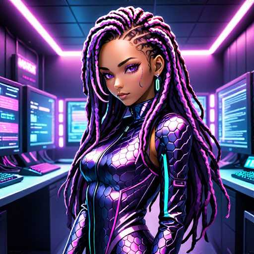 The image depicts a highly detailed, computer-generated scene of a young African-American woman standing in a futuristic, high-tech room. She has long, intricately braided hair that transitions from black to purple, with some braids cascading over her right shoulder and others flowing down her back. Her hair is adorned with a distinctive earring on her left ear, shaped like a long, thin rectangle. The woman's eyes are a striking purple, and she wears a sleek, form-fitting bodysuit that resembles a scaly, metallic texture, primarily purple with accents of pink and blue. The bodysuit features a zipper running up to her neck and has a cut-out on her left shoulder, revealing a hint of skin. She stands confidently, looking directly at the viewer, with her left arm slightly extended. The room around her is filled with numerous computer monitors and keyboards, all illuminated by a soft purple glow, enhancing the futuristic ambiance. The ceiling is black with a rectangular light fixture that adds to the high-tech atmosphere.