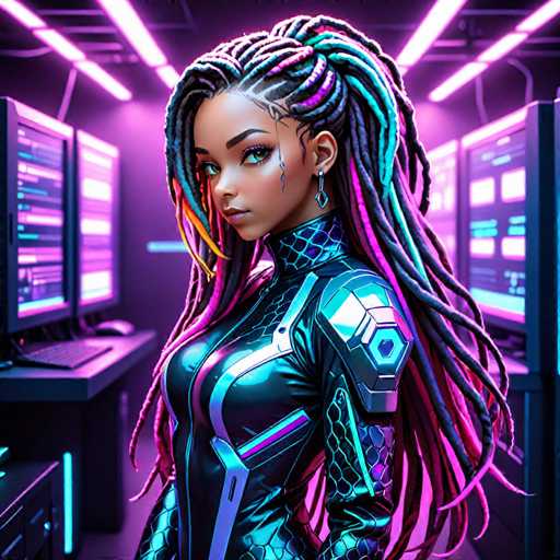 The image depicts a highly detailed, computer-generated scene of a young woman standing in a futuristic, high-tech room. She is wearing a sleek, form-fitting black bodysuit adorned with metallic accents, particularly on the shoulders and chest, which feature intricate patterns resembling fish scales. The suit also includes a purple stripe running down the side of her chest and a silver stripe along her arm. Her long, multi-colored dreadlocks cascade down to her waist, displaying a vibrant mix of purple, blue, pink, yellow, and orange hues. She has striking green eyes, dark eyebrows, and a small earring in her left ear. The room around her is bathed in a purple glow, with neon lights and computer monitors on both sides, enhancing the sci-fi atmosphere. The woman stands with her body facing left but her head turned towards the viewer, creating a dynamic and engaging pose.