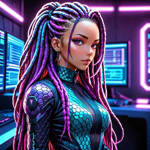 The image depicts a highly detailed, computer-generated scene of a young woman standing in a futuristic, high-tech environment. She is dressed in a form-fitting, metallic outfit that resembles a scaly, fish-like design, predominantly green with purple accents. Her outfit features a high collar that extends up to her neck, and the chest area is adorned with a black stripe running down the middle. The woman has long, multi-colored dreadlocks in shades of purple, blue, and pink, with a single strand falling over her face. She is accessorized with a silver hoop earring in her right ear and has striking purple eyes. The background is filled with neon lights and various computer screens, including a large monitor to her right and several smaller screens to her left, all displaying blue and purple hues. The setting appears to be a high-tech command center or control room, with a desk and keyboard visible in the bottom left corner. The overall ambiance is bathed in a purple glow, enhancing the futuristic and digital atmosphere of the scene.