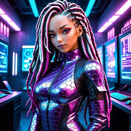 The image depicts a highly detailed, computer-generated scene of a young woman standing in a futuristic, high-tech environment. She is wearing a form-fitting, purple and black metallic bodysuit that features a honeycomb pattern and a prominent zipper running up the front. The bodysuit has a high collar that extends up to her neck, and it includes a black strap with a buckle on her left shoulder. Her long, braided hair is a striking mix of black, pink, and white, with some braids hanging down her back. She has purple eyes, a small nose, and a slight smile. 

The background is a dark, gray room illuminated by neon lights and multiple computer screens. On the left side of the image, there is a desk with a keyboard, and on the right side, there are several more computer screens and keyboards. The overall atmosphere is reminiscent of a sci-fi setting, possibly a spaceship or a high-tech command center. The woman is the central focus of the image, standing confidently amidst the array of technology.