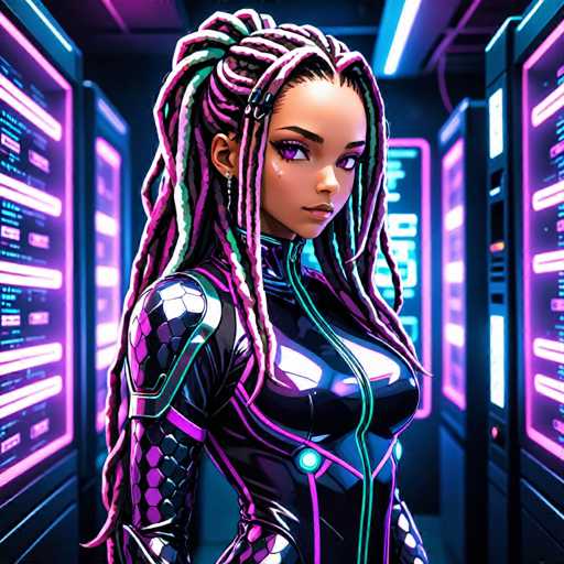 The image depicts a highly detailed, computer-generated female character standing in a futuristic, high-tech environment. She has long, intricately braided hair that combines shades of black, pink, and purple, with some braids cascading down her back and others framing her face. Her skin is a rich brown, and she has striking purple eyes accentuated by heavy eye makeup. She is dressed in a sleek, black leather bodysuit adorned with neon pink and green stripes, and the suit features a distinctive purple stripe running down the front. The bodysuit also has a scaly texture on the shoulders and arms, adding to its futuristic appearance. She is positioned in the center of the image, with her body facing slightly to the right, while her head is turned towards the viewer. The background is filled with glowing screens and panels emitting pink, purple, and blue light, enhancing the high-tech ambiance. The overall style is reminiscent of a video game or digital artwork, with a color palette dominated by black, white, gray, purple, pink, green, and blue.