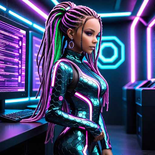 The image depicts a highly detailed, computer-generated scene of a young African-American woman standing in a futuristic, cyberpunk-style room. She is wearing a form-fitting, black leather bodysuit adorned with neon pink accents and a honeycomb pattern. Her long dreadlocks, which cascade down to her waist, are intricately braided and feature vibrant colors—purple, green, and blue. She has striking purple eyes and is accessorized with large hoop earrings. The woman is positioned in a three-quarter view, facing slightly to the right, with her right hand resting on her hip and her left arm hanging by her side.

The room around her is bathed in neon lighting, creating a vivid, cyberpunk atmosphere. To her left, there is a desk with a computer monitor displaying a purple screen with white text, accompanied by a black keyboard. The background features a dark blue wall illuminated by neon lights, including a prominent neon blue hexagon shape. On the right side of the image, there are additional computer monitors and a cabinet, adding to the high-tech ambiance. The overall scene is rich in detail, blending elements of futuristic design with a striking color palette of black, neon pink, purple, green, and blue.