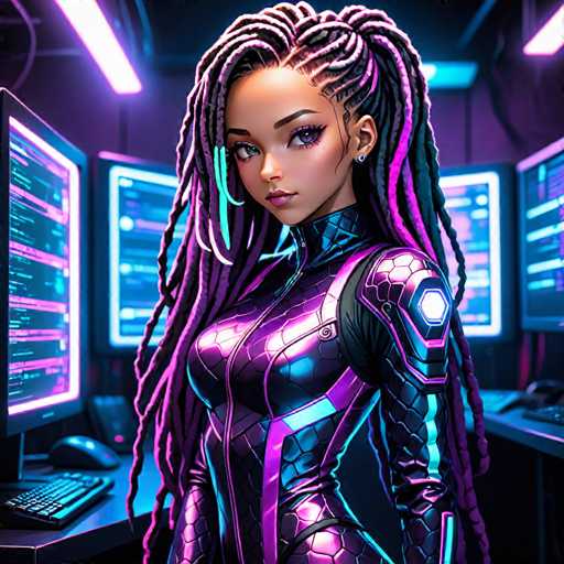 The image depicts a highly detailed, computer-generated scene of a young African-American woman standing in a futuristic, high-tech environment. She is wearing a form-fitting, metallic bodysuit that combines shades of purple, black, and blue, with a high collar and a zipper running up to her neck. Her long, intricately braided hair features vibrant purple and pink highlights, cascading down to her waist. She has striking purple eyes and is adorned with small earrings. The woman stands confidently in front of a desk, surrounded by multiple computer monitors and keyboards, all illuminated with neon purple and blue lights. The background is a dark, almost black room, accentuated by the glowing screens and fluorescent lights, creating an atmosphere reminiscent of a cutting-edge command center or a sci-fi setting.