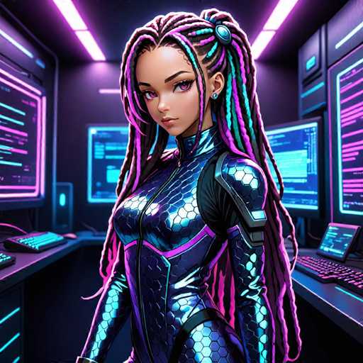 The image depicts a highly detailed, computer-generated scene of a young woman standing in a futuristic, high-tech room. She is wearing a form-fitting, metallic bodysuit that features a scaly texture and is primarily blue with purple accents. The suit has a zipper running down the front, and it covers her entire body, including her arms and legs. Her long, braided hair, which cascades down to her waist, is a striking mix of black, purple, and blue hues. She has purple eyes and is adorned with blue earrings. The room around her is filled with advanced technology, including multiple computer monitors and keyboards that emit a soft blue glow. The walls and ceiling are painted in shades of purple and blue, and the lighting is provided by long, rectangular LED panels that add to the futuristic ambiance. The woman stands with her hands at her sides, looking directly at the viewer, exuding a sense of confidence and readiness.