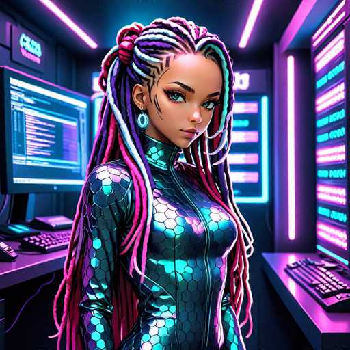 The image depicts a highly detailed, computer-generated scene of a young woman standing in a futuristic, high-tech room. She has long, intricately braided hair that features a mix of purple, pink, white, and black hues, with some braids pulled back into a ponytail. Her hair is adorned with a distinctive tattoo that runs from her forehead down to her cheek, and she wears large, dangling blue earrings. Her outfit is a form-fitting, metallic green bodysuit with a high collar and long sleeves, giving her a sleek, futuristic appearance. The room around her is bathed in vibrant neon pink and purple lighting, creating a striking contrast against the dark background. To her left and right are computer monitors and keyboards, with additional screens and a desk visible in the background. The overall ambiance suggests a high-tech, possibly sci-fi setting, reminiscent of a scene from a video game or a movie like "Tron."