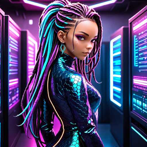 The image depicts a highly detailed, computer-generated scene of a young woman standing in a dimly lit room filled with large, glowing computer servers. She is dressed in a form-fitting, black leather bodysuit adorned with a scaly pattern and a yellow stripe running down her back. Her long, multi-colored dreadlocks—shades of purple, blue, and black—cascade down her back, with some strands draped over her shoulder. She has striking purple eyes, purple eyeshadow, and a small mole on her left cheek. Her lips are painted a vivid red, and she wears a long, dangling earring. The room is illuminated by the soft glow of neon lights from the servers, casting a purple hue over the scene. The woman stands with her back to the viewer but looks over her shoulder, her expression serious and focused.