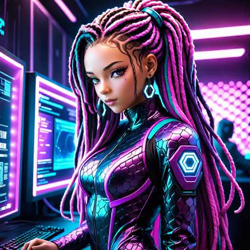 The image depicts a highly detailed, computer-generated scene of a young woman, possibly in her late teens or early twenties, with a light brown complexion. She is seated at a desk, facing two large computer monitors that display various graphs and diagrams. Her long, intricately braided hair, which cascades down to her waist, features vibrant purple and blue highlights. She wears a form-fitting, scaly-patterned bodysuit that is predominantly purple with black accents and a zipper running up to her neck. Her accessories include large, dangling hexagon-shaped earrings. The background is illuminated with neon lights, casting a purple hue over the scene, and includes a blurred figure of another person. The overall aesthetic suggests a futuristic or sci-fi setting, possibly indicating that she is a superhero or part of a high-tech environment.