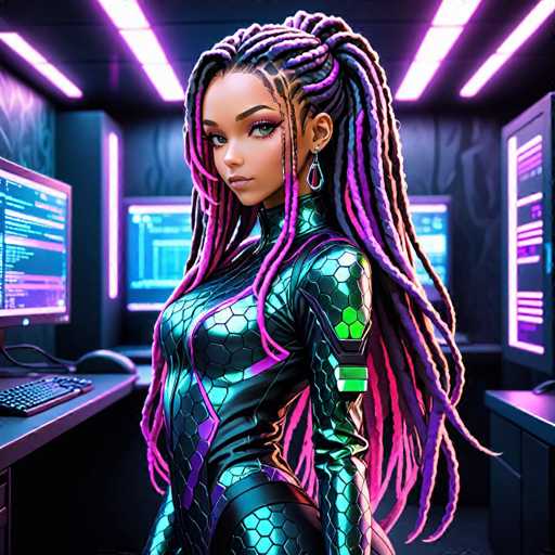 The image depicts a highly detailed, computer-generated scene of a young woman standing in a futuristic, high-tech room. She is wearing a form-fitting, black leather bodysuit adorned with a honeycomb pattern and purple accents. Her long, multicolored dreadlocks, featuring shades of pink, purple, blue, and black, cascade down to her waist. She has striking blue eyes, pink lips, and a small tattoo on her left cheek. The woman is positioned in front of a desk with a computer monitor and keyboard, facing slightly to the left. The room is illuminated by neon lights and features additional computer monitors on the walls, contributing to the high-tech ambiance. The overall aesthetic suggests a blend of cyberpunk and sci-fi elements, with the woman appearing to be a character from a video game or digital artwork.