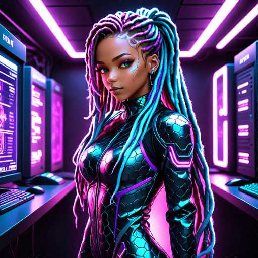 The image depicts a highly detailed, computer-generated scene of a young woman standing in a futuristic, high-tech room. She is wearing a form-fitting, black bodysuit adorned with a scaly pattern and purple accents. Her long dreadlocks, which cascade down to her waist, are a striking mix of blue, purple, and pink. The woman has brown skin, green eyes, and is looking directly at the viewer with a serious expression. She is equipped with a black glove on her right hand, which is positioned on a desk. The room around her is filled with advanced technology, including multiple computer screens, keyboards, and mice. The walls and ceiling are illuminated with purple and pink neon lights, adding to the sci-fi atmosphere. The overall setting suggests a high-tech environment, possibly a control room or a part of a spaceship.