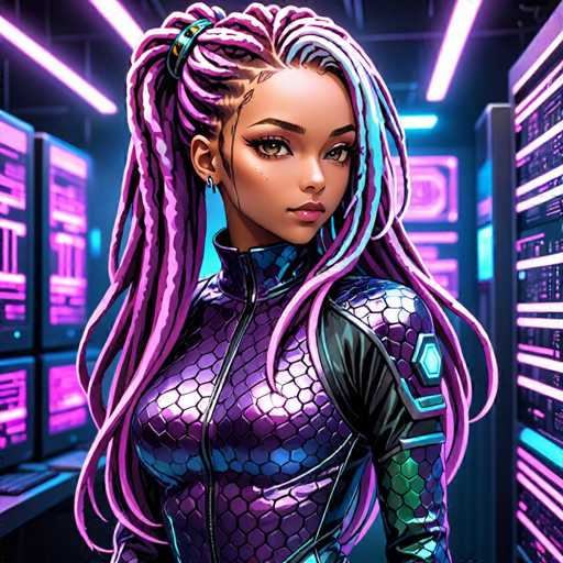 The image depicts a highly detailed, computer-generated illustration of a young woman, possibly an African American or mixed-race superhero, set in a futuristic, high-tech environment. She stands confidently in the center of the frame, her gaze directed slightly to the right. Her long, braided hair, adorned with a headband, cascades down to her waist, transitioning from pink at the roots to blue at the tips. She wears a form-fitting, metallic purple and black bodysuit with a high collar and a zipper running down the front, complemented by a green section on her left arm. Her outfit features a scaly pattern, adding to her superhero aesthetic. The background is filled with glowing pink and purple computer screens and servers, illuminated by neon lights, enhancing the high-tech atmosphere. The overall scene suggests a setting reminiscent of a comic book or a sci-fi video game, emphasizing the character's powerful and futuristic presence.