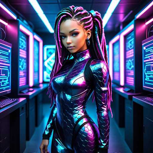 The image depicts a highly detailed, computer-generated scene featuring a young African-American woman standing in a futuristic, high-tech room. She is wearing a form-fitting, metallic bodysuit that shimmers with a combination of purple, pink, and blue hues, adorned with a scaly pattern and a zipper running up to her neck. Her long, intricately braided hair, which transitions from black to pink and purple tips, cascades down her back. She has large hoop earrings and is looking directly at the camera with a serious expression. The room around her is lined with rows of computer monitors and keyboards, all illuminated by vibrant neon lights in shades of pink, purple, and blue, creating a striking contrast against the dark floor and ceiling. The overall ambiance suggests a setting straight out of a sci-fi movie or video game.