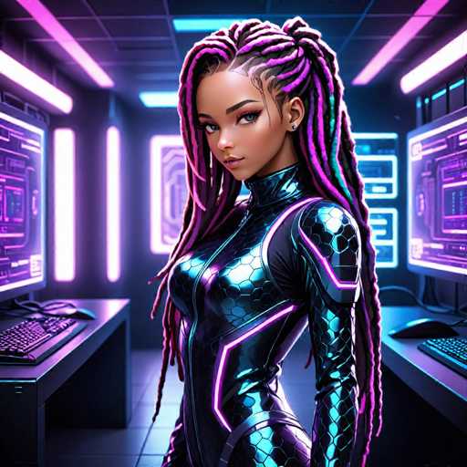 The image depicts a highly detailed, computer-generated scene of a young woman standing in a futuristic, high-tech room. She is wearing a sleek, form-fitting bodysuit that appears to be made of metallic scales, primarily black with purple neon accents. The bodysuit features a zipper running up to her neck and extends to her wrists, which are adorned with circular patterns. Her long, braided hair is a striking mix of purple and black, cascading down her back. She has dark skin, expressive brown eyes, and is wearing small stud earrings.

The room around her is bathed in a vibrant purple glow, emanating from numerous computer monitors and screens that line the walls and tables. The floor is tiled, and the ceiling is composed of black panels interspersed with blue lights. The woman stands confidently, looking directly at the viewer, her expression neutral yet captivating. The overall ambiance suggests a setting straight out of a sci-fi movie, emphasizing advanced technology and a futuristic aesthetic.