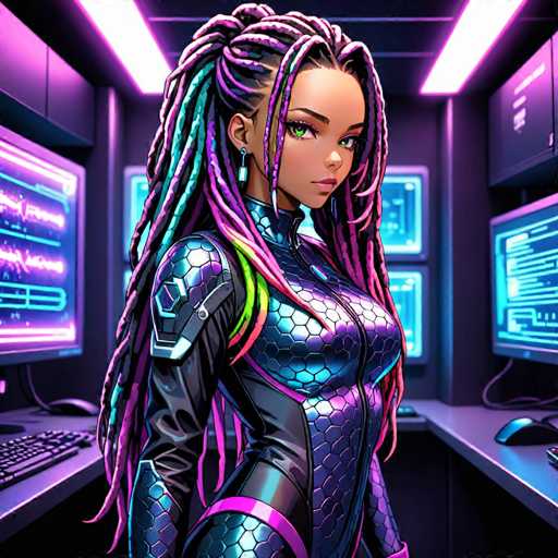 The image depicts a highly detailed, computer-generated scene of a young woman standing in a futuristic, high-tech room. She is wearing a form-fitting, metallic bodysuit that features a scaly pattern and is primarily black with accents of purple and green. The bodysuit has a zipper running up to her neck, and she is adorned with a purple belt and a purple armband. Her long, multi-colored dreadlocks, which include shades of purple, green, and pink, cascade down to her waist. She has striking green eyes, a small nose, and is wearing earrings. The room around her is filled with numerous computer monitors and keyboards, all illuminated by a soft blue glow, enhancing the high-tech ambiance. The ceiling is black with white lights, and the walls are a mix of black and purple hues. The woman is positioned slightly to the right, looking over her shoulder with a serious expression, adding to the overall dramatic and futuristic feel of the scene.