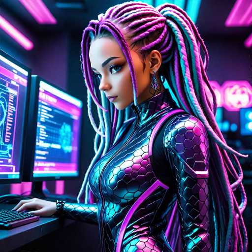 The image depicts a highly detailed, computer-generated scene of a young woman, likely in her late teens or early twenties, with a striking resemblance to the character Trafalgar Law from One Piece. She is seated at a desk, facing two computer monitors, with her right hand resting on a keyboard. The woman is wearing a form-fitting, metallic suit that features a scaly texture and is primarily black with purple accents. Her hair is styled in long, braided pigtails, with the braids incorporating vibrant purple and blue hues. She has dark eyes and is adorned with a diamond-shaped earring. The background is a dark, almost black room illuminated by neon pink and purple lights, creating a futuristic and cyberpunk atmosphere.