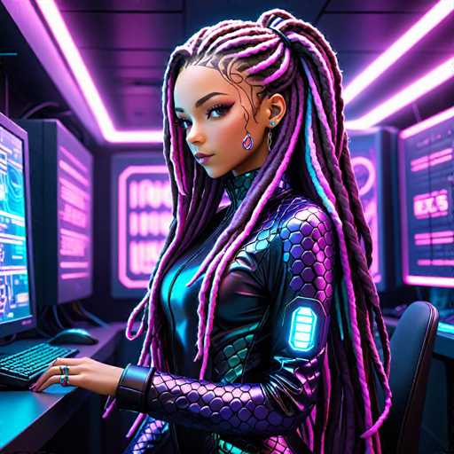 The image depicts a highly detailed, computer-generated illustration of a young woman with long, intricately braided hair that cascades down to her waist. Her hair features a striking combination of black, pink, and purple hues, with some braids incorporating these colors while others remain black. She is dressed in a sleek, form-fitting black leather bodysuit adorned with a scaly pattern on the shoulders and arms, which also features a glowing blue patch on her upper arm. The woman is seated at a desk, working on a computer, with her right hand resting on the keyboard. She wears two rings on her right hand and has a hoop earring in her left ear. The background is illuminated by neon lights, casting a pinkish-purple glow that enhances the futuristic ambiance of the scene.
