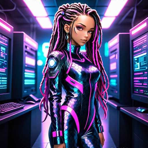 The image depicts a highly detailed, computer-generated scene of a young woman standing in a high-tech room filled with advanced technology. She is wearing a form-fitting, scaly black bodysuit adorned with pink accents, including a pink stripe running down the front and pink highlights on the shoulders and wrists. Her outfit features a glowing blue light on her shoulder, adding to the futuristic aesthetic. The woman has long, braided hair with pink tips, and she is accessorized with a blue earring. She stands confidently, looking directly at the camera, with her hands at her sides.

The room around her is illuminated by a combination of pink and blue lights, casting a vibrant glow over the scene. The ceiling is lined with long, rectangular fluorescent lights, and the walls are covered with numerous computer screens and servers, all displaying various types of data. The floor is gray, and the overall ambiance suggests a sophisticated, high-tech environment, possibly a control room or a data center. The image is square in shape, and the woman's striking appearance and the surrounding technology create a captivating, futuristic atmosphere.