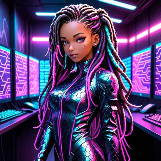 The image depicts a woman with long dreadlocks and a futuristic outfit standing in front of multiple computer monitors arranged in a row on a desk. The woman is positioned centrally within the frame, drawing attention to her unique appearance and the technological setting around her.