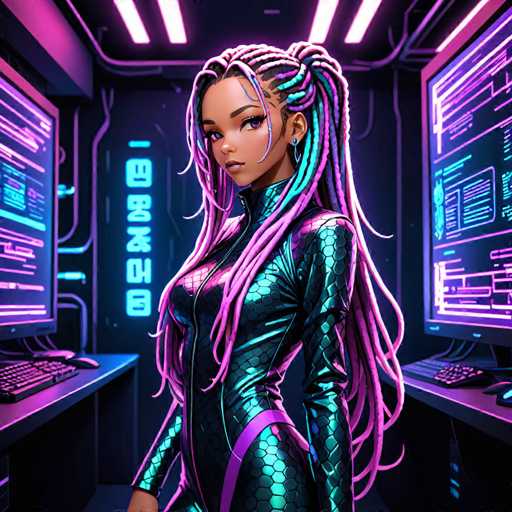 The image depicts a highly detailed, computer-generated scene of a young woman standing in a futuristic, high-tech room. She is wearing a form-fitting, scaly black bodysuit with a front zipper, accentuated by a purple strap around her waist. Her long, braided hair features vibrant pink and blue highlights, cascading down to her waist. The woman, who has a dark complexion and is looking directly at the viewer, is positioned between two large computer monitors, each accompanied by a keyboard and mouse. The room itself is bathed in neon pink and blue lighting, creating a striking contrast against the dark background. Behind her, a black door with neon blue symbols adds to the sci-fi ambiance of the scene.