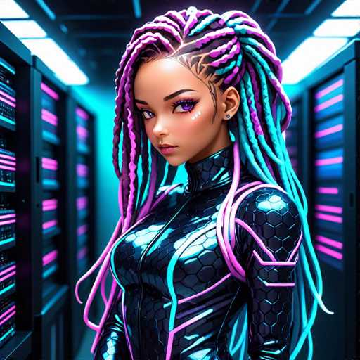 The image depicts a highly detailed, computer-generated scene of a young woman standing in a room filled with rows of black servers, each illuminated by pink lights. The woman, who appears to be around 18 years old, has a dark complexion and is dressed in a sleek, black leather bodysuit adorned with a honeycomb pattern and neon pink accents. Her hair is styled in long braids that transition from pink at the roots to blue at the ends, cascading down her back. She has striking purple eyes and a small tattoo on her left cheek. The woman is positioned in the center of the room, looking directly at the viewer with a serious expression. The background is slightly blurred, emphasizing the depth and focus on the woman and the servers around her.