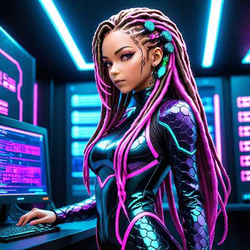 The image depicts a highly detailed, computer-generated scene of a young woman, possibly in her late teens or early twenties, standing in a futuristic, high-tech environment. She is dressed in a sleek, form-fitting black bodysuit adorned with pink accents and a scaly texture, particularly noticeable on her shoulders and arms. Her long, intricately braided hair features a mix of brown and pink hues, with some braids pulled back and others cascading down her back. She has a serious expression and is looking directly at the viewer. Her left hand rests on a black keyboard, while her right hand is positioned on a mouse, suggesting she is working at a computer. The background is filled with glowing blue and pink lights, adding to the high-tech ambiance, and includes a large screen displaying pink and blue data. The ceiling above is black with white lights, enhancing the futuristic setting.