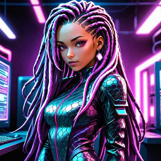 The image depicts a highly detailed, computer-generated scene of a young woman standing in a futuristic, high-tech environment. She is wearing a form-fitting, metallic bodysuit that resembles a scaly texture, with a prominent pink zipper running down the front. The bodysuit features a large, square shoulder pad on her left arm, which is adorned with a blue and green light. Her long, flowing hair is styled in braids that cascade down to her waist, with striking purple highlights. She has a light brown complexion and is wearing pink contact lenses that match her hair's hue. Her makeup is bold, with pink eyeshadow and lipstick. She accessorizes with a dangling diamond earring. The background is filled with neon lights and computer screens, adding to the high-tech ambiance. She stands with her hands on her hips, looking directly at the viewer, exuding confidence and strength.
