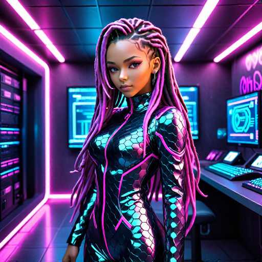 The image depicts a highly detailed, computer-generated scene of a futuristic, high-tech environment. At the center stands a young woman, possibly in her late teens or early twenties, with a striking appearance. She has dark skin and her hair is styled in intricate braids that cascade down her back. Her hair is a vivid mix of pink and purple hues, with some braids draping over her shoulders and others tucked behind her.

She is dressed in a form-fitting, metallic outfit that resembles a scaly, fish-like design. The suit is predominantly black with accents of pink and purple, and it features a zipper running up the front. The outfit is sleeveless, revealing her arms, and it extends down to her legs, though the image cuts off just below her thighs.

The setting around her is equally futuristic, with a room filled with advanced technology. To her right, there is a desk equipped with multiple computer screens and keyboards. The walls are adorned with neon lights and displays, contributing to the high-tech ambiance. On her left, there appears to be a wall filled with various types of equipment, possibly servers or other advanced technology.

The overall atmosphere is one of cutting-edge innovation and sleek design, with the woman at the center embodying a blend of futuristic style and advanced technology.