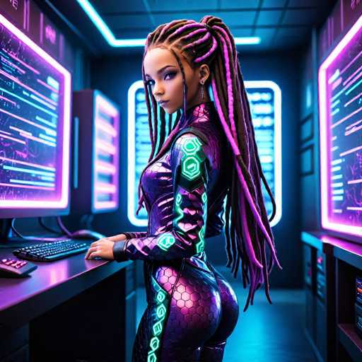 The image depicts a highly detailed, computer-generated scene of a young African-American woman standing in a futuristic, high-tech room. She is wearing a form-fitting, metallic purple bodysuit adorned with neon green hexagonal patterns along the sides and arms. Her hair is styled in long braids, with the ends tinted pink, cascading down her back. The woman is positioned at a black desk, facing a large computer screen that emits a pink glow, with a keyboard and mouse in front of her. The room is illuminated by various neon lights, including a pink neon light on the left side and a blue neon light on the right, creating a vibrant, cyberpunk atmosphere. The background features additional computer screens and a doorway, all contributing to the high-tech ambiance. The woman is looking directly at the viewer, adding a sense of engagement to the scene.