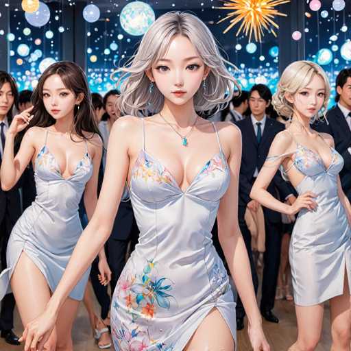 This image depicts a scene from a Japanese anime, featuring three young women standing in the foreground. The central figure, who appears to be the main character, has short gray hair and is wearing a light gray dress adorned with a floral pattern. She is flanked by two other women: one with long brown hair on her left and another with short blonde hair on her right. All three women are dressed similarly in light gray, strappy dresses that reveal their legs and cleavage, and they are looking directly at the viewer.

In the background, a group of men in suits and ties can be seen, adding a formal element to the setting. The backdrop is a dark blue sky filled with various colored bubbles, including yellow, blue, pink, and purple, as well as a large star-like shape in the upper right corner. The scene is set on a wooden floor, and the overall atmosphere suggests a celebratory or festive occasion.