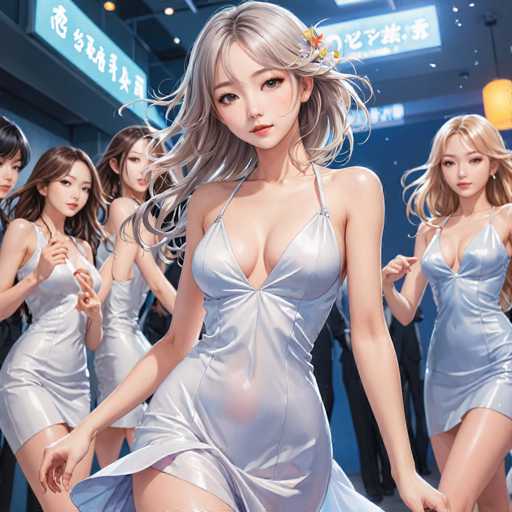 The image depicts a group of five young women, likely in their late teens or early twenties, standing in a row. They are all wearing identical, form-fitting silver dresses that accentuate their figures. The dresses are sleeveless with thin straps over the shoulders and feature a low neckline that reveals a significant portion of their cleavage. The fabric of the dresses is shiny, adding to their eye-catching appearance. The women are positioned in a line, with the central figure being the most prominent. She has long, wavy blonde hair and is looking directly at the camera. The other four women, who have long brown hair, are slightly behind her, with the two on the far left partially obscured. The background suggests they are in a restaurant or bar, as indicated by the presence of a yellow light hanging from the ceiling and signs with Asian characters on the walls.
