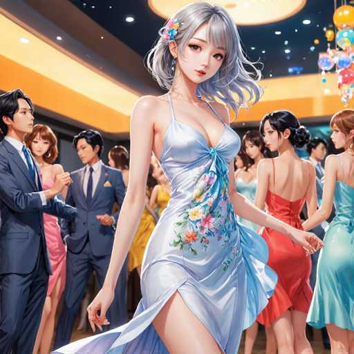 The image depicts a vibrant and detailed scene from a video game, set in a lively ballroom. The room is adorned with a ceiling featuring a dark blue hue, interspersed with white and blue lights. A prominent yellow light fixture hangs from the ceiling, casting a warm glow over the room. The walls are painted a rich yellow, and a large window in the background is decorated with colorful balloons in shades of blue, red, yellow, and orange.

In the center of the room, a group of people is gathered, dressed in elegant attire. The men are wearing suits, while the women are in long, flowing dresses. The focal point of the image is a striking woman with gray hair, styled in a ponytail. She is wearing a light blue dress adorned with a floral pattern in shades of pink, blue, and green. The dress features a low neckline, a thin strap over her shoulder, and a slit that reveals her leg. Her gray hair is complemented by a blue and pink flower accessory in her hair, and she has blue eyes. She is looking directly at the viewer, exuding confidence and grace.

To her left, a man with black hair is dressed in a blue suit, adding to the formal atmosphere of the scene. The overall ambiance of the image is one of elegance and festivity, capturing a moment of beauty within the game's richly designed world.
