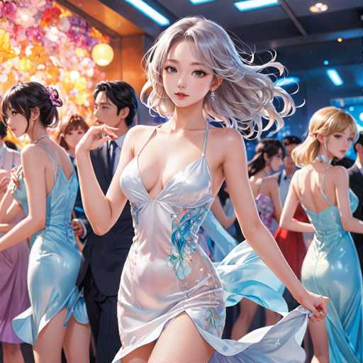 The image depicts a vibrant, AI-generated scene reminiscent of a video game or an anime. At the center is a striking young woman with long, flowing gray hair, adorned with a blue earring. She is dressed in a low-cut, sleeveless dress that shimmers in shades of blue and white, featuring a floral design on the lower part. The dress is slit high on her left leg, revealing her leg, and she holds the fabric with her left hand. Her right hand is raised near her face, which is marked by large, expressive eyes, a small nose, and a tiny mouth.

In the background, a man with black hair, dressed in a black suit and tie, stands slightly behind her. To her left, another woman with dark hair styled in a bun wears a sleeveless blue dress. To her right, a blonde woman in a similar blue dress is visible. The setting appears to be a lively party or gathering, with numerous people in the background, some of whom are dressed in blue and white, while others in red and black. The scene is illuminated by a large, colorful light fixture on the left, casting hues of yellow, pink, and white, and the ceiling is adorned with blue lights. The overall atmosphere is one of celebration and festivity.