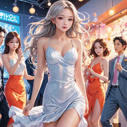 In this vibrant, cartoon-style image, a group of five individuals stands in a line, each exuding distinct charm. At the forefront is a striking woman with long, flowing blonde hair, adorned in a sleek, silver dress that accentuates her elegant figure. Her dress features a daring slit that reveals her leg, adding a touch of allure to her ensemble. She accessorizes with blue earrings that complement her outfit perfectly.

Behind her, a woman with long brown hair and bangs wears a stylish orange dress with a matching orange belt, creating a cohesive and eye-catching look. To her right stands a man in a sharp blue suit, paired with a pink tie and a white shirt, exuding a sense of sophistication.

On the left side of the image, another woman with long brown hair and bangs is dressed in a white top and an orange skirt, adding a pop of color to the group. Next to her, a man in a blue suit completes the lineup, his presence adding balance to the composition.

The background features a blue wall adorned with a blue sign, adding depth and context to the scene. The overall image is rich in detail and color, capturing a moment of poised elegance and style.