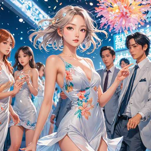 The image depicts a vibrant, cartoon-style scene set in a grand ballroom. The room is adorned with elegant decorations, including a large, illuminated sign featuring Asian characters, suggesting an East Asian setting. The ceiling is embellished with sparkling lights, adding to the festive atmosphere. 

In the foreground, a group of people is gathered, with a focus on a young woman who stands out prominently. She has short, blonde hair and is dressed in a striking, white dress adorned with colorful floral patterns. The dress is low-cut, revealing a hint of cleavage, and features a slit up the side, showcasing her legs. She is holding a glass in her hand, adding to her poised demeanor.

To her right, a young man is seen wearing a white suit, complemented by a blue tie and a blue pocket square. He has black hair and is pointing towards the young woman, drawing attention to her. Behind him, another man with black hair and a gray suit is visible, adding to the formal ambiance of the scene. The overall composition captures a moment of elegance and social interaction within a beautifully detailed, cartoon-style ballroom.