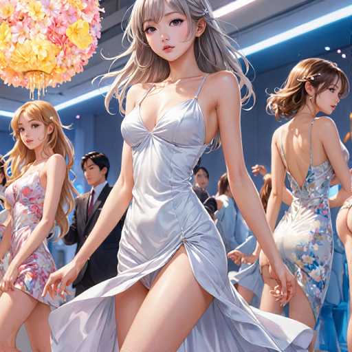 The image depicts a scene reminiscent of a video game or an AI-generated artwork, featuring a group of anime-style characters. The central figure is a young woman with long, grayish hair, dressed in a revealing silver dress that accentuates her cleavage and highlights her slender frame. Her dress is designed with thin straps and a high slit on the right side, revealing her leg. She stands with her hands at her sides, looking directly at the viewer.

To her left, another woman with long, blonde hair is visible, wearing a short, pink dress adorned with floral patterns. She is also looking towards the viewer. On the right side of the central figure, a third woman with short brown hair is seen in a blue dress, her back turned to the viewer. She appears to be looking at the woman in the pink dress.

In the background, a man with short black hair, dressed in a black suit, white shirt, and red tie, is walking away. The setting appears to be a large room with gray walls and a ceiling illuminated by a row of lights. A notable feature in the upper left corner is a large, round chandelier composed of various colored flowers, adding a decorative touch to the scene.
